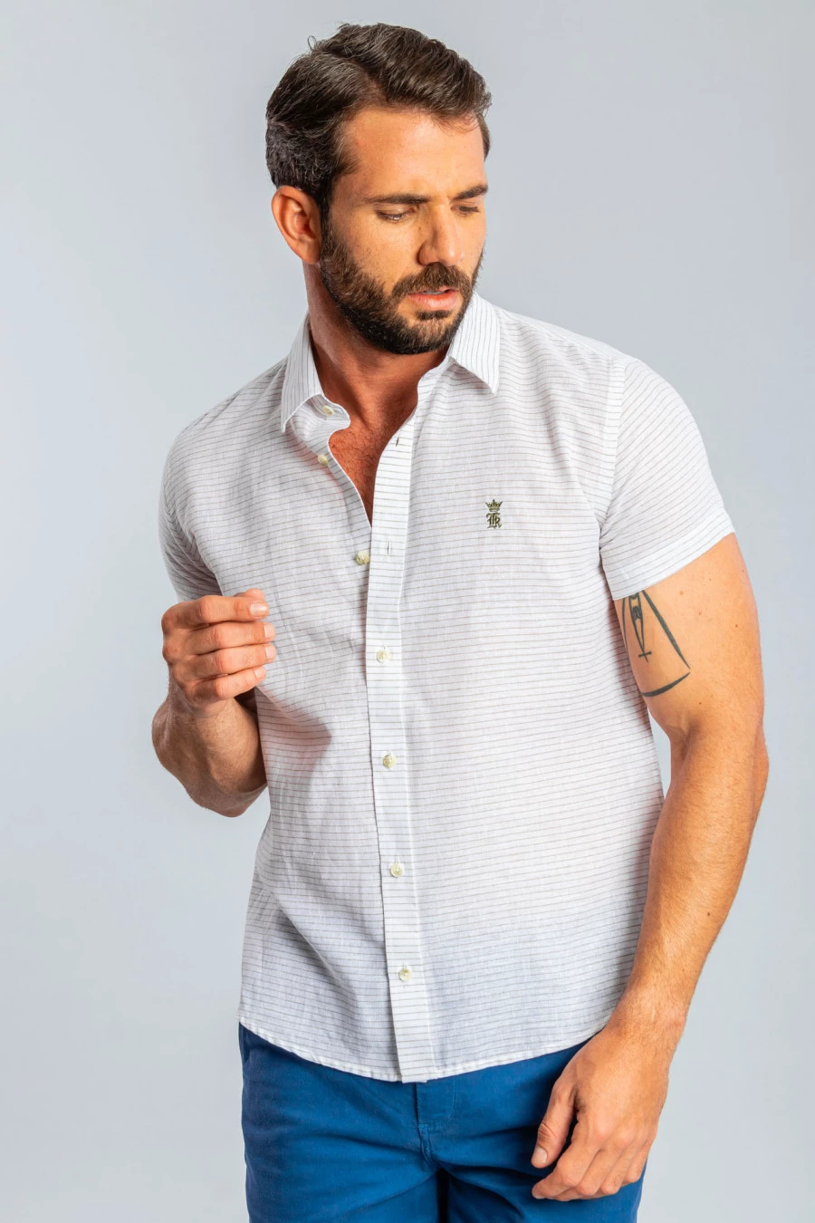 Camisa Manga Curta Linho Sergio K Listra Horizontal - Verde Militar